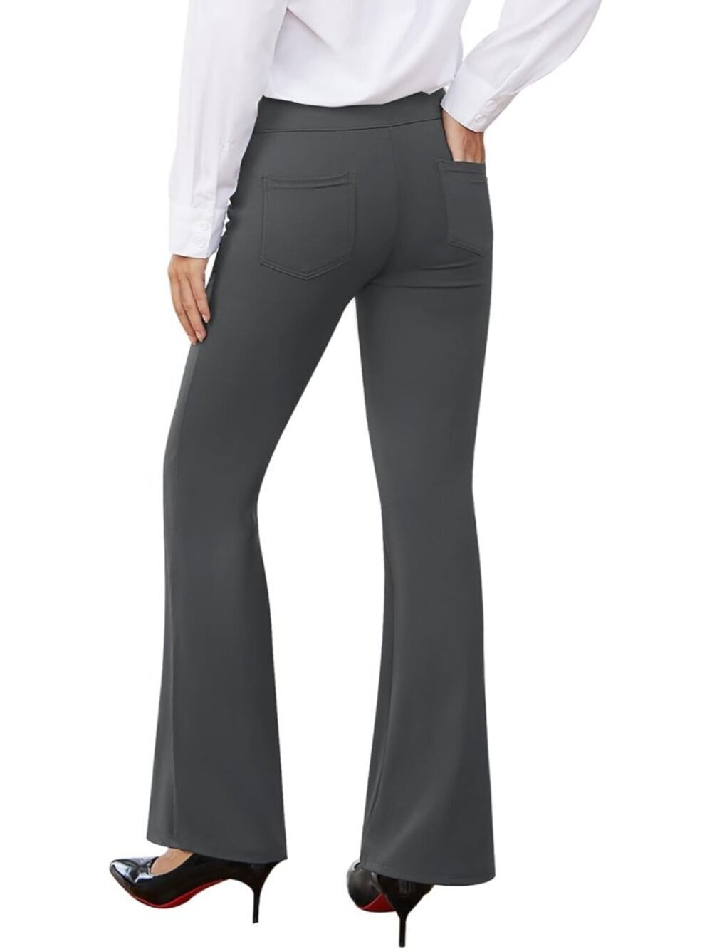 Women's Dark Grey Pull On Casual Slacks Imported Stretchy Dress Pants - Picture 2 of 6